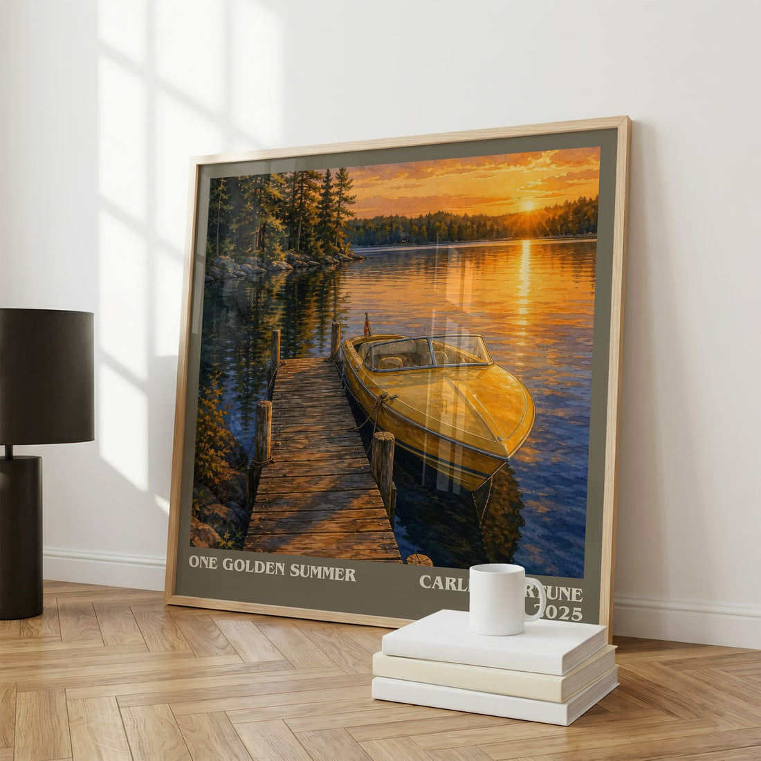 One Golden Summer Literary Art Print by Carley Fortune – large square framed print leaning against a wall