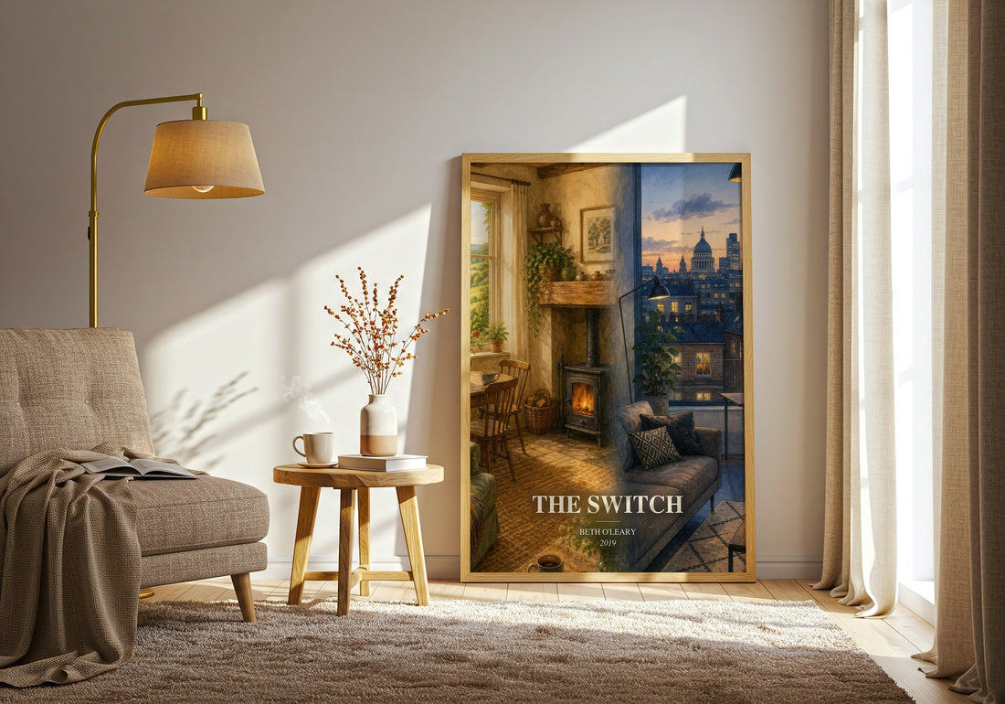 The Switch watercolour print in frame leaning in hallway – contemporary fiction wall art (mockup)