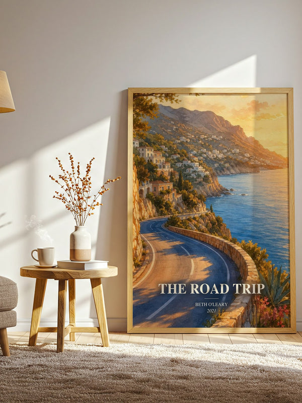 The Road Trip watercolour print in frame leaning in hallway – romance wall art