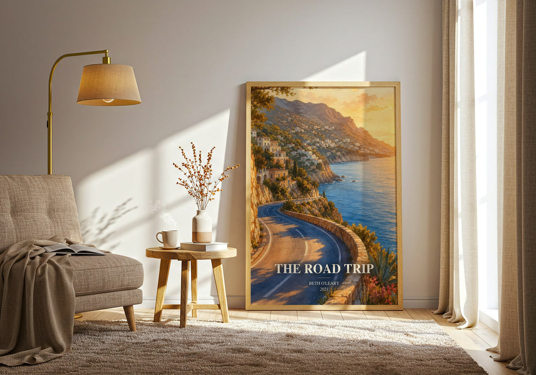 The Road Trip watercolour print in frame leaning in hallway – romance wall art (mockup)