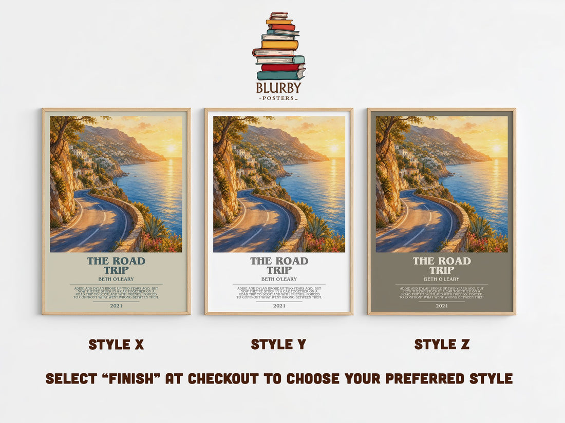 The Road Trip bookish print in frame leaning in hallway – romance wall art (mockup)