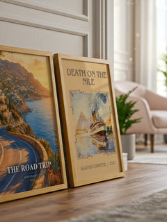 The Road Trip watercolour print framed by window – literary home decor