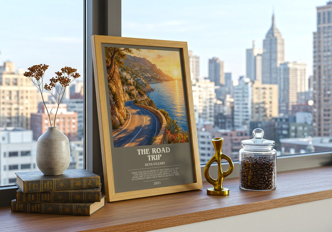 The Road Trip bookish print framed by window – literary home decor