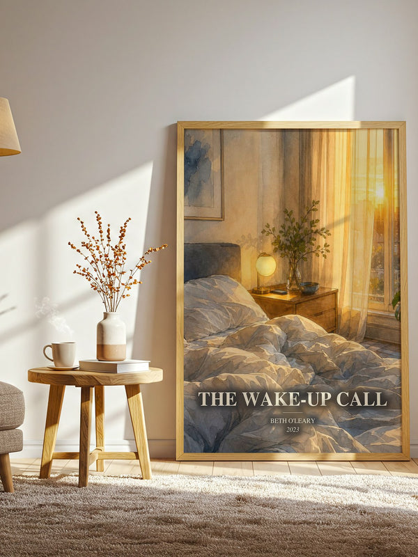 The Wake-Up Call watercolour print in frame leaning in hallway – romance wall art