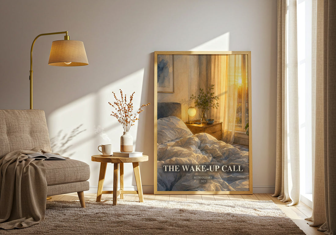 The Wake-Up Call watercolour print in frame leaning in hallway – romance wall art (mockup)