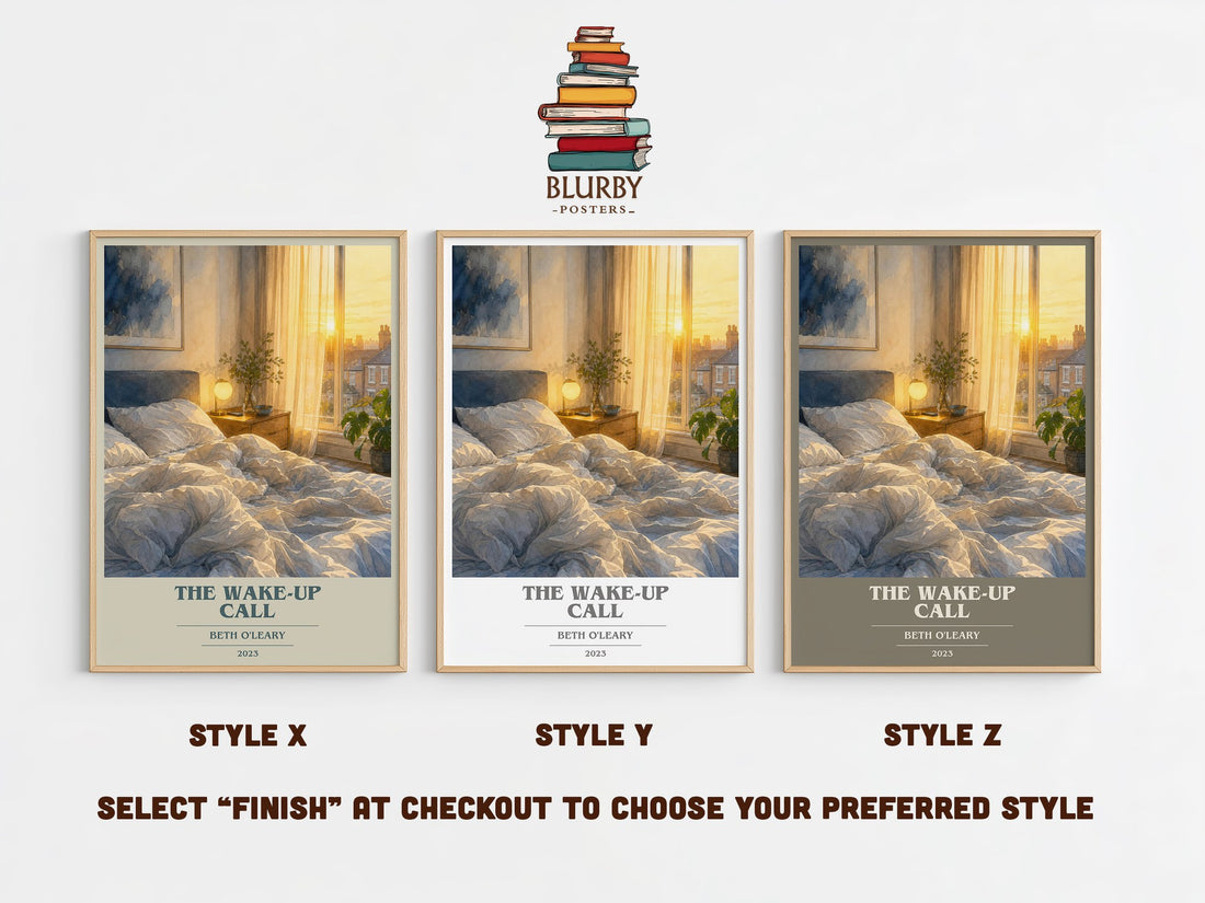 The Wake-Up Call book cover print in frame leaning in hallway – romance wall art (mockup)