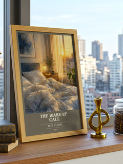 The Wake-Up Call book cover print framed by window – literary home decor