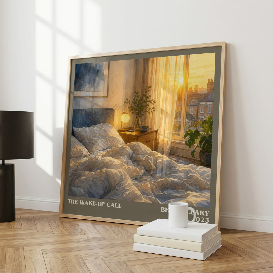 The Wake-Up Call literary print framed by window – literary home decor