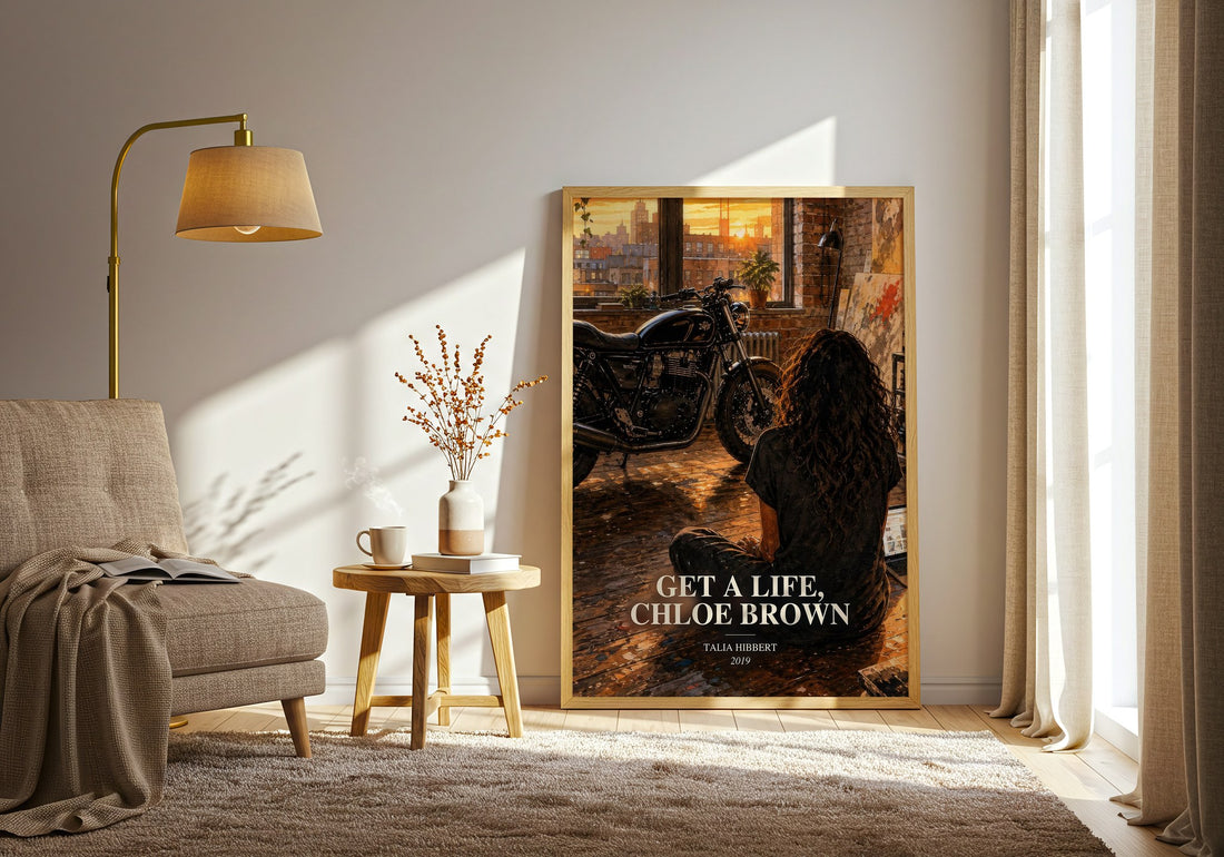 Get a Life, Chloe Brown watercolour print in frame leaning in hallway – romance wall art (mockup)