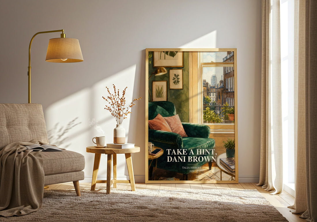 Take a Hint, Dani Brown watercolour print in frame leaning in hallway – romance wall art (mockup)
