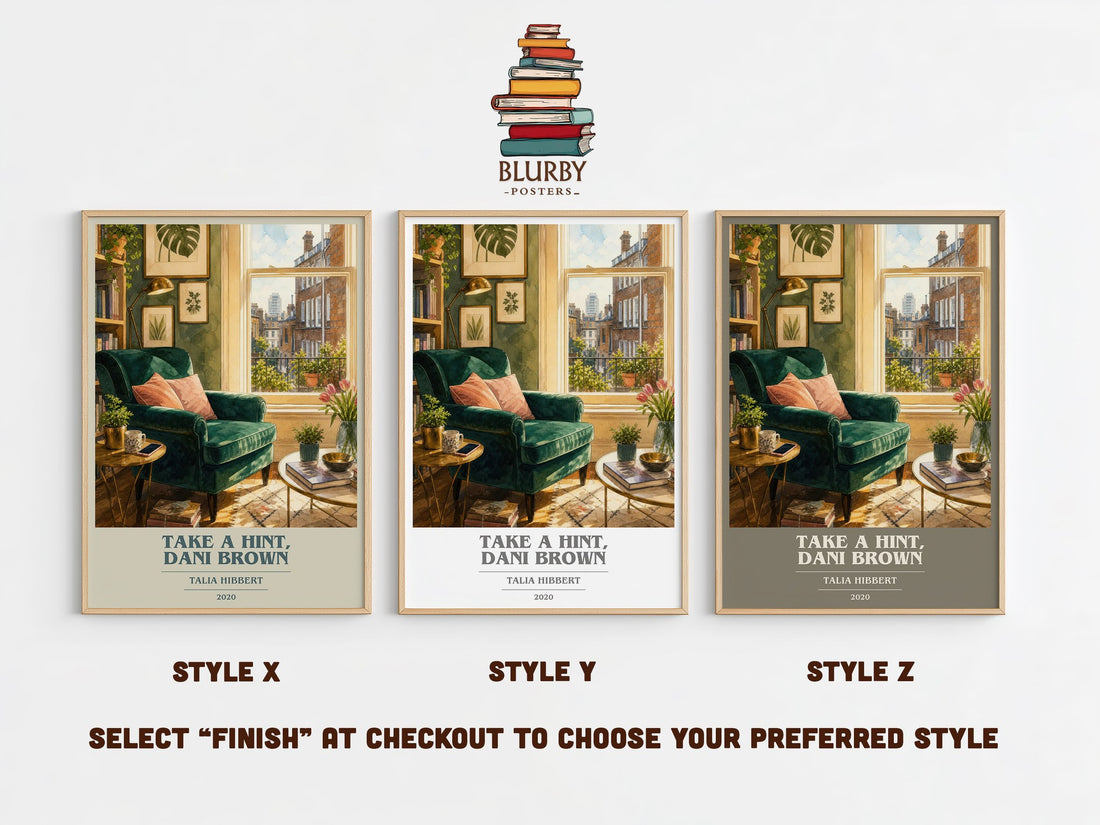Take a Hint, Dani Brown book cover print in frame leaning in hallway – romance wall art (mockup)