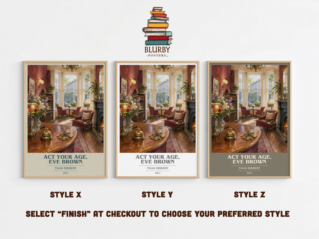 Act Your Age, Eve Brown book cover print in frame leaning in hallway – romance wall art (mockup)