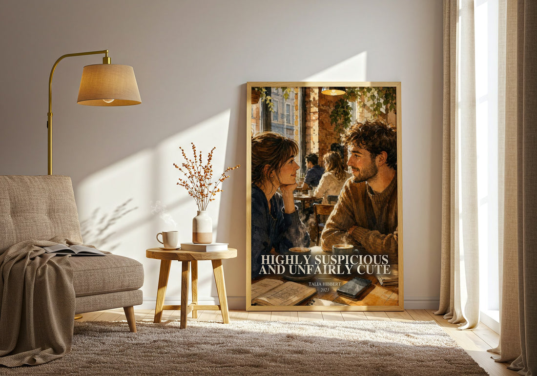 Highly Suspicious and Unfairly Cute watercolour print in frame leaning in hallway – young adult wall art (mockup)