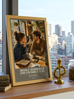 Highly Suspicious and Unfairly Cute book cover print framed by window – literary home decor