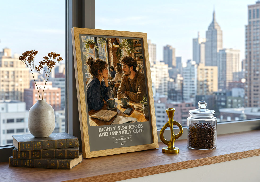 Highly Suspicious and Unfairly Cute book cover print framed by window – literary home decor