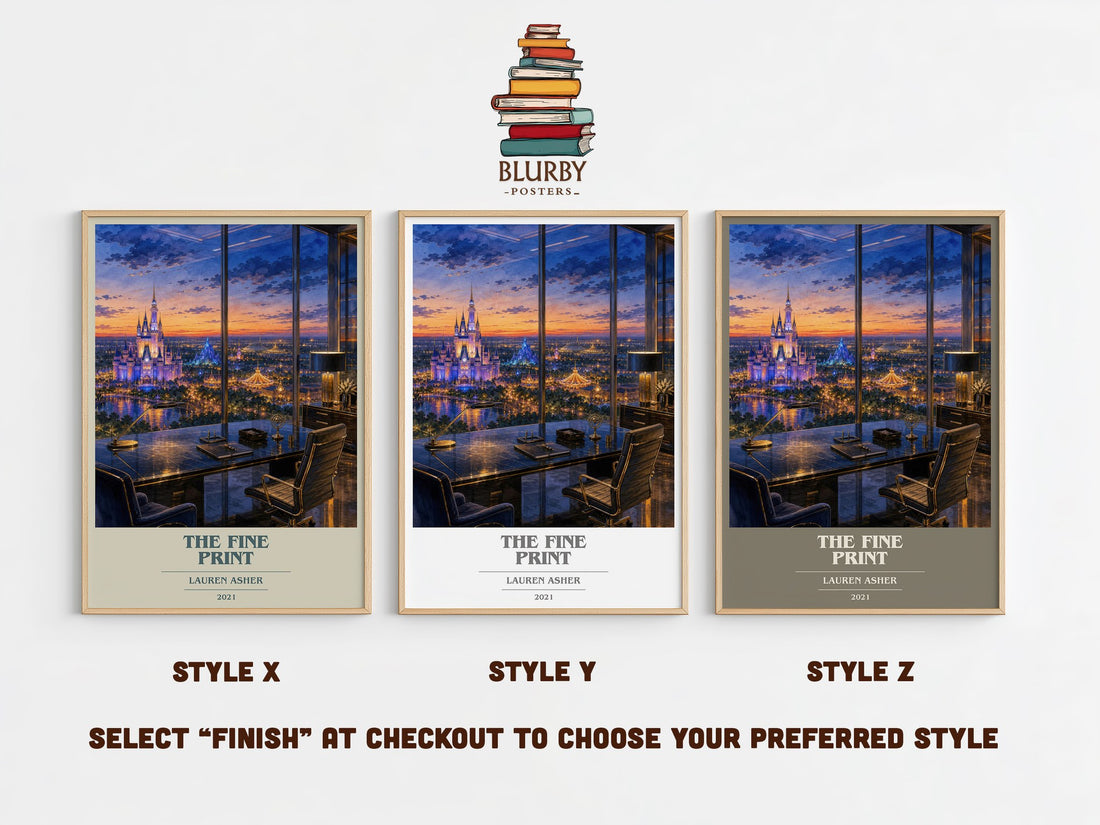 The Fine Print book cover print in frame leaning in hallway – romance wall art (mockup)