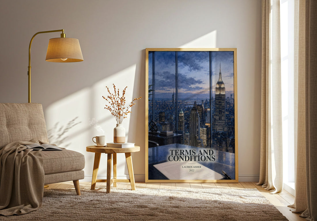Terms and Conditions watercolour print in frame leaning in hallway – romance wall art (mockup)