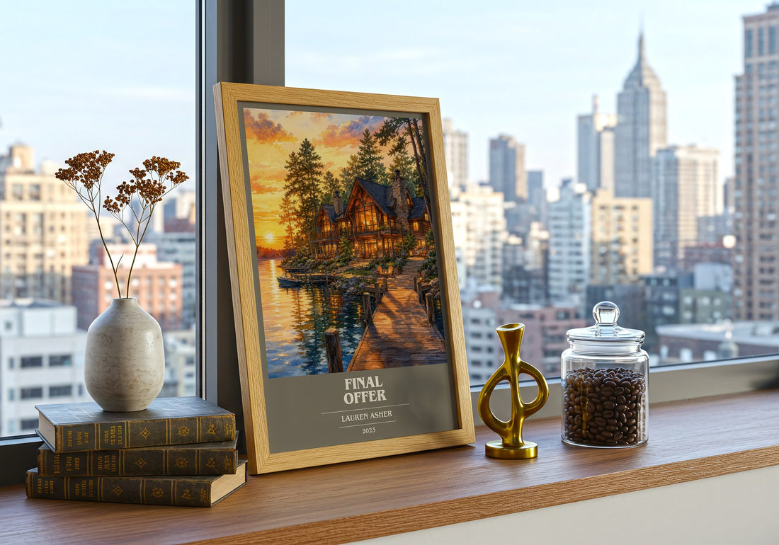 Final Offer book cover print framed by window – literary home decor