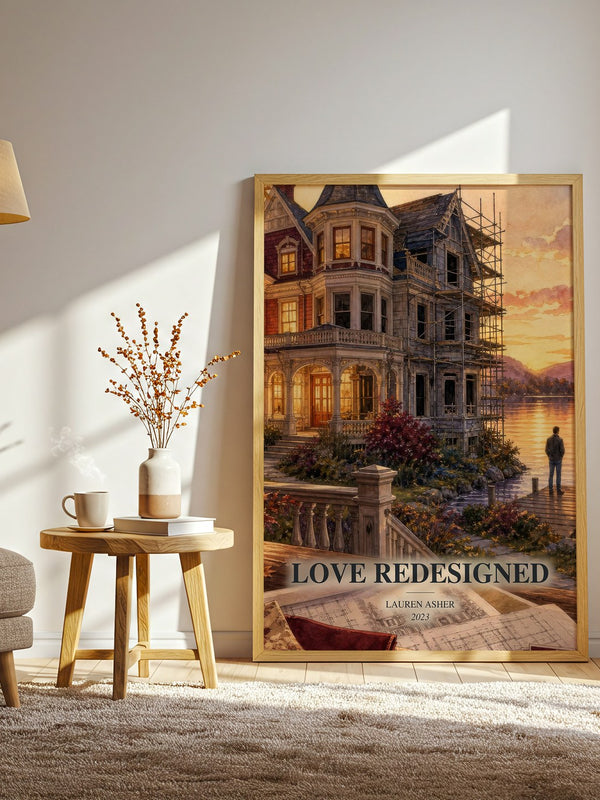 Love Redesigned watercolour print in frame leaning in hallway – romance wall art