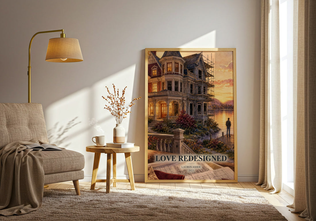 Love Redesigned watercolour print in frame leaning in hallway – romance wall art (mockup)