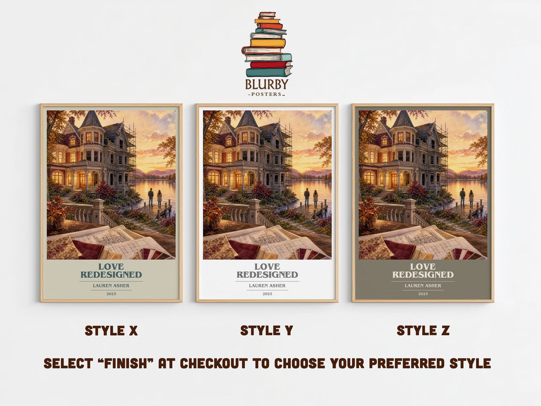 Love Redesigned book cover print in frame leaning in hallway – romance wall art (mockup)