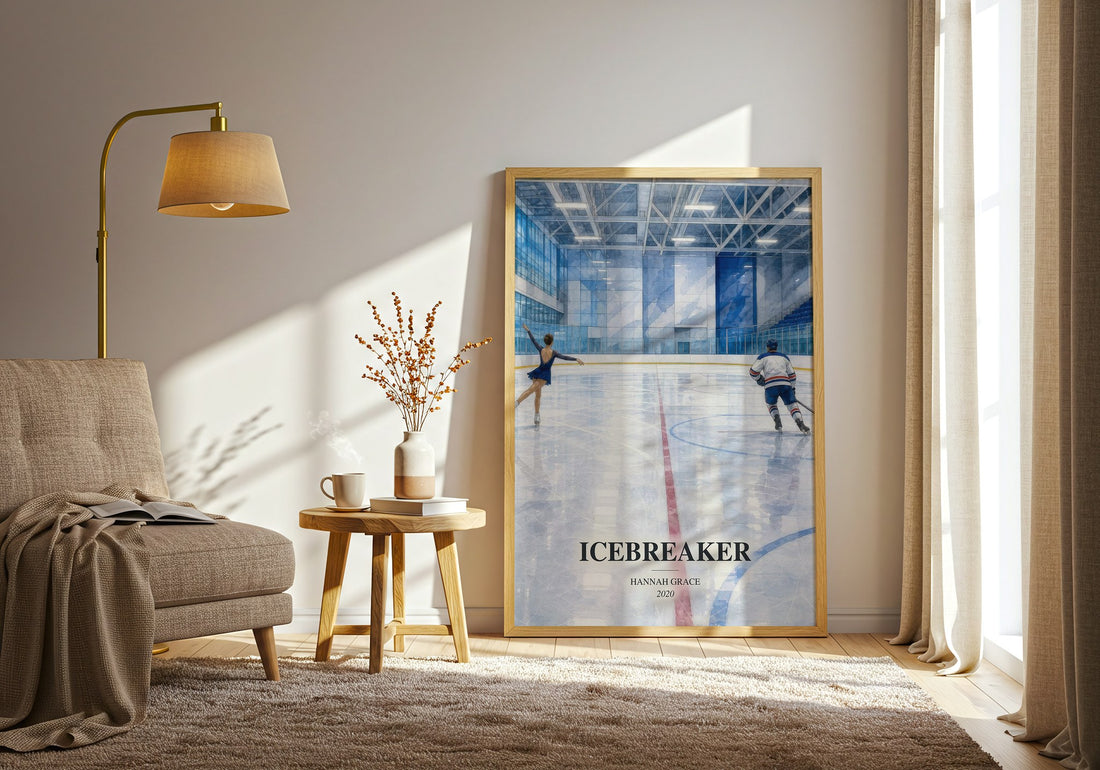 Icebreaker watercolour print in frame leaning in hallway – romance wall art (mockup)