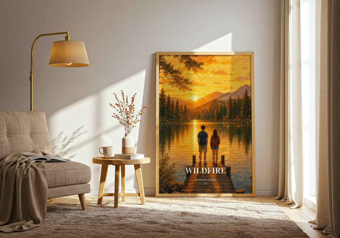 Wildfire watercolour print in frame leaning in hallway – romance wall art (mockup)