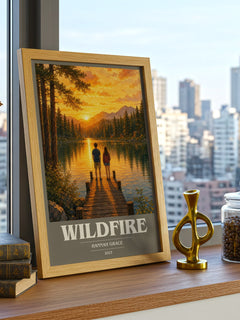 Wildfire book cover print framed by window – literary home decor