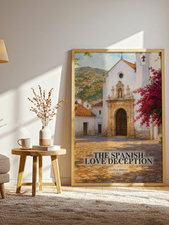 The Spanish Love Deception watercolour print in frame leaning in hallway – romance wall art