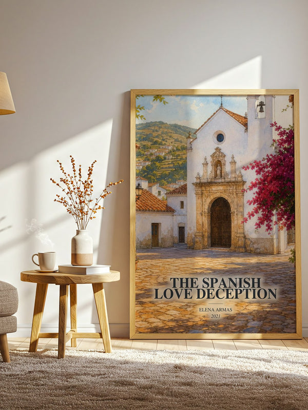 The Spanish Love Deception watercolour print in frame leaning in hallway – romance wall art