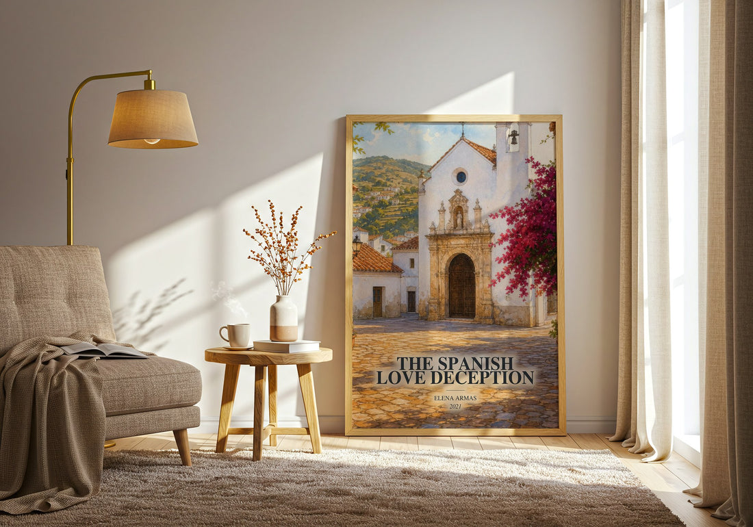 The Spanish Love Deception watercolour print in frame leaning in hallway – romance wall art (mockup)