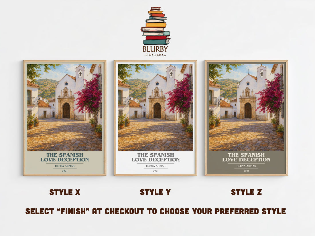 The Spanish Love Deception book cover print in frame leaning in hallway – romance wall art (mockup)