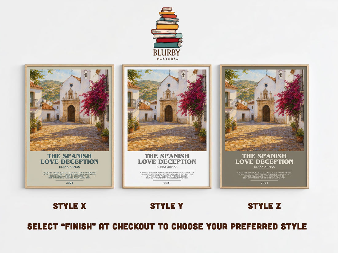 The Spanish Love Deception bookish print in frame leaning in hallway – romance wall art (mockup)