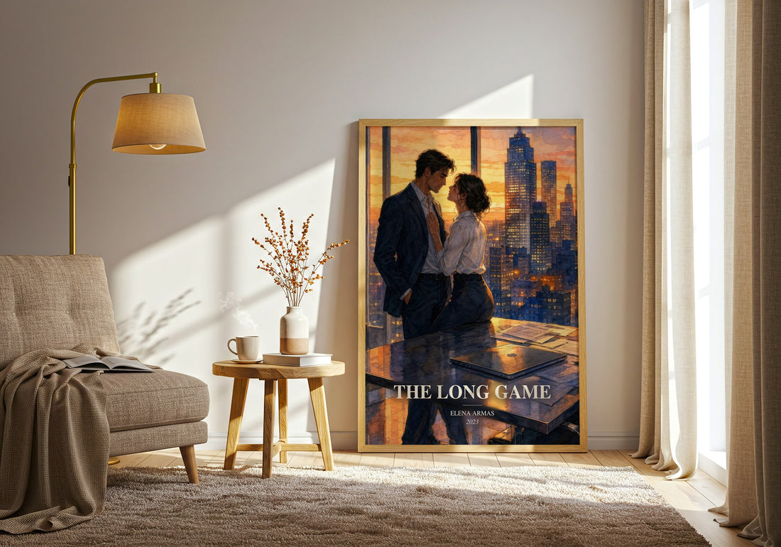 The Long Game watercolour print in frame leaning in hallway – romance wall art (mockup)