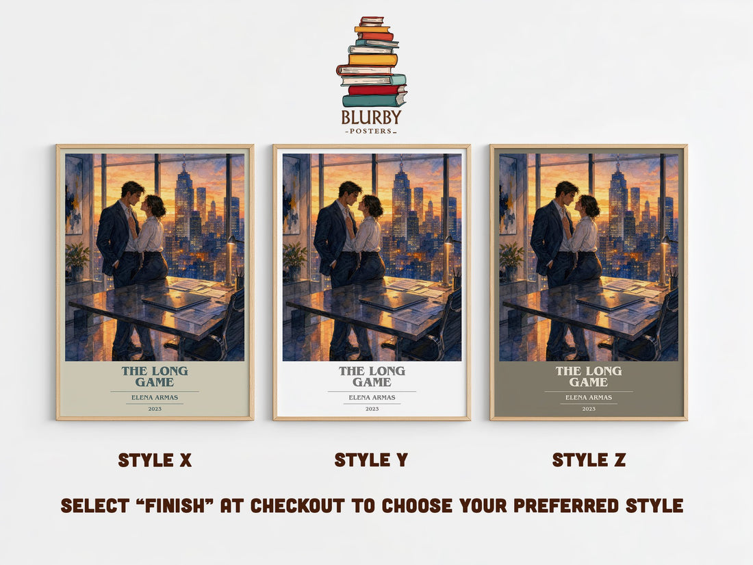 The Long Game book cover print in frame leaning in hallway – romance wall art (mockup)