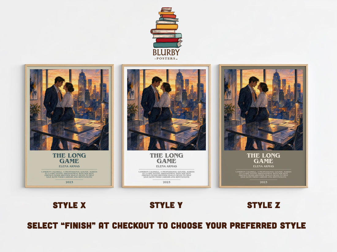 The Long Game bookish print in frame leaning in hallway – romance wall art (mockup)