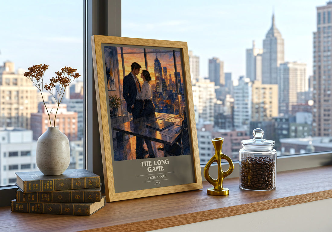 The Long Game book cover print framed by window – literary home decor