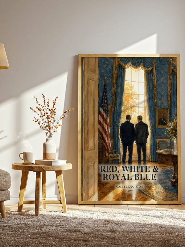Red, White & Royal Blue watercolour print in frame leaning in hallway – romance wall art