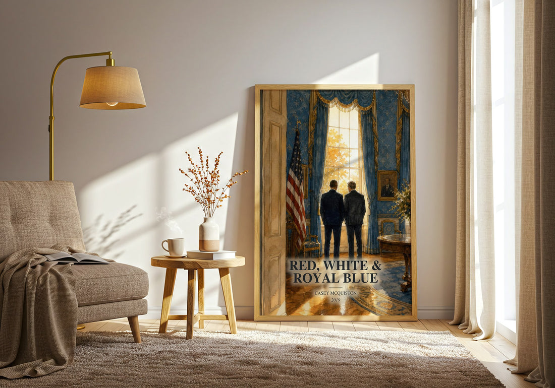 Red, White & Royal Blue watercolour print in frame leaning in hallway – romance wall art (mockup)