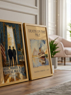 Red, White & Royal Blue watercolour print framed by window – literary home decor