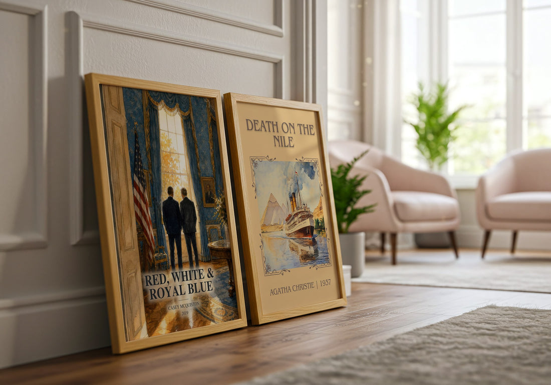 Red, White & Royal Blue watercolour print framed by window – literary home decor
