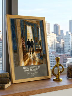 Red, White & Royal Blue book cover print framed by window – literary home decor