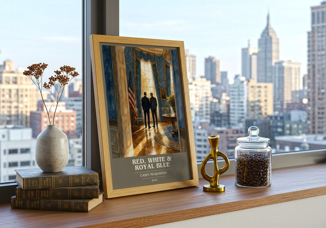 Red, White & Royal Blue book cover print framed by window – literary home decor