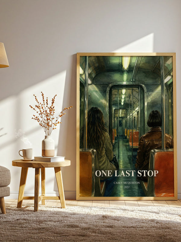 One Last Stop watercolour print in frame leaning in hallway – romance wall art