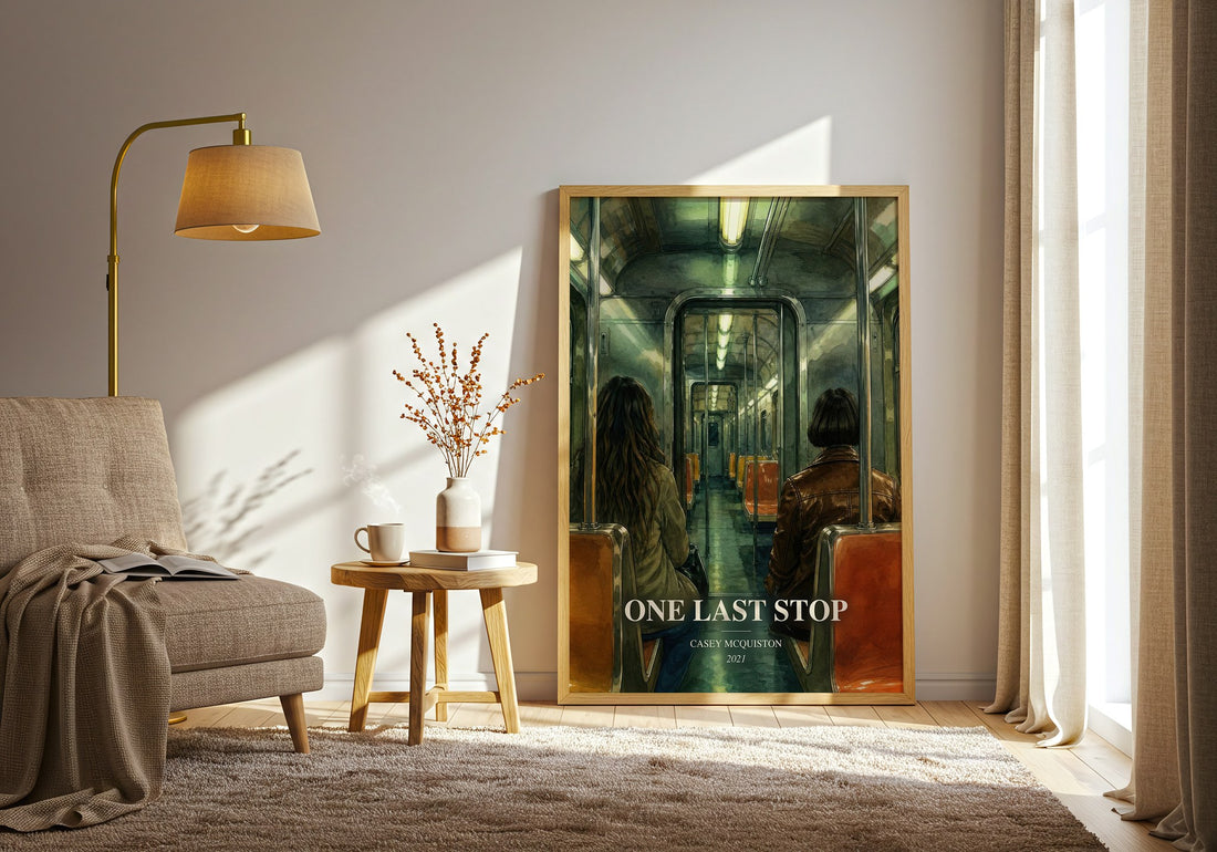 One Last Stop watercolour print in frame leaning in hallway – romance wall art (mockup)