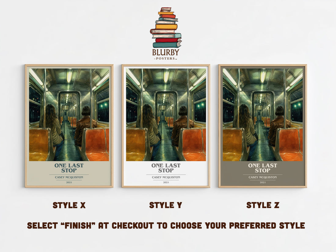 One Last Stop book cover print in frame leaning in hallway – romance wall art (mockup)