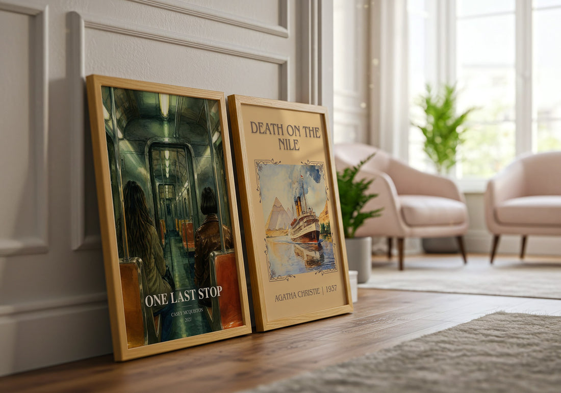 One Last Stop watercolour print framed by window – literary home decor