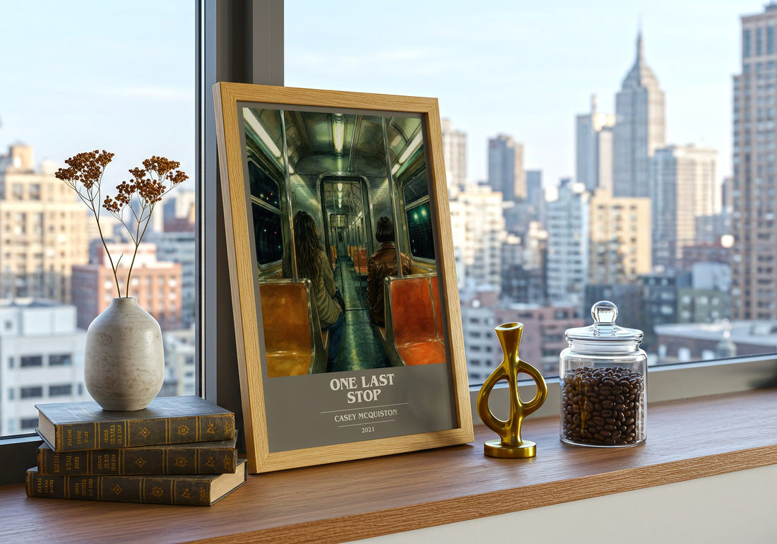 One Last Stop book cover print framed by window – literary home decor