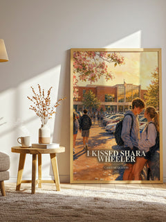 I Kissed Shara Wheeler watercolour print in frame leaning in hallway – young adult wall art