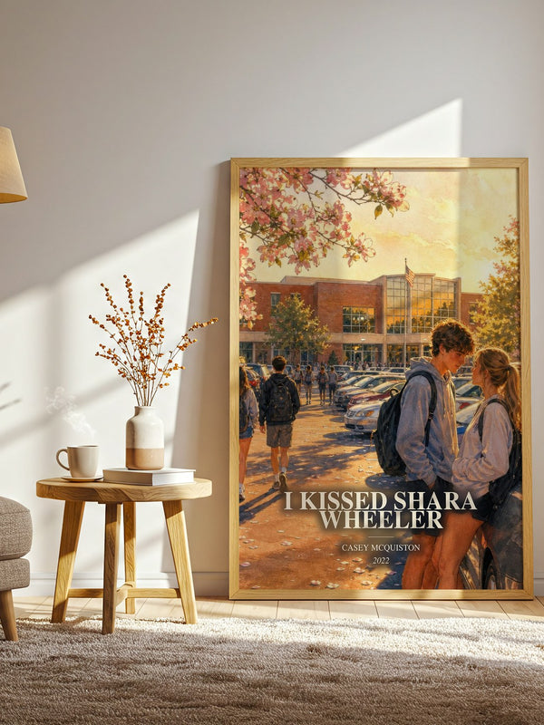 I Kissed Shara Wheeler watercolour print in frame leaning in hallway – young adult wall art